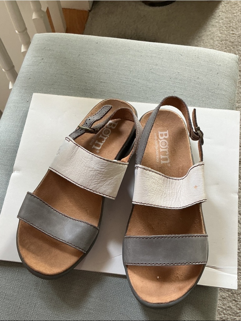 Born Two-Tone White and Gray Leather Slide Sandals